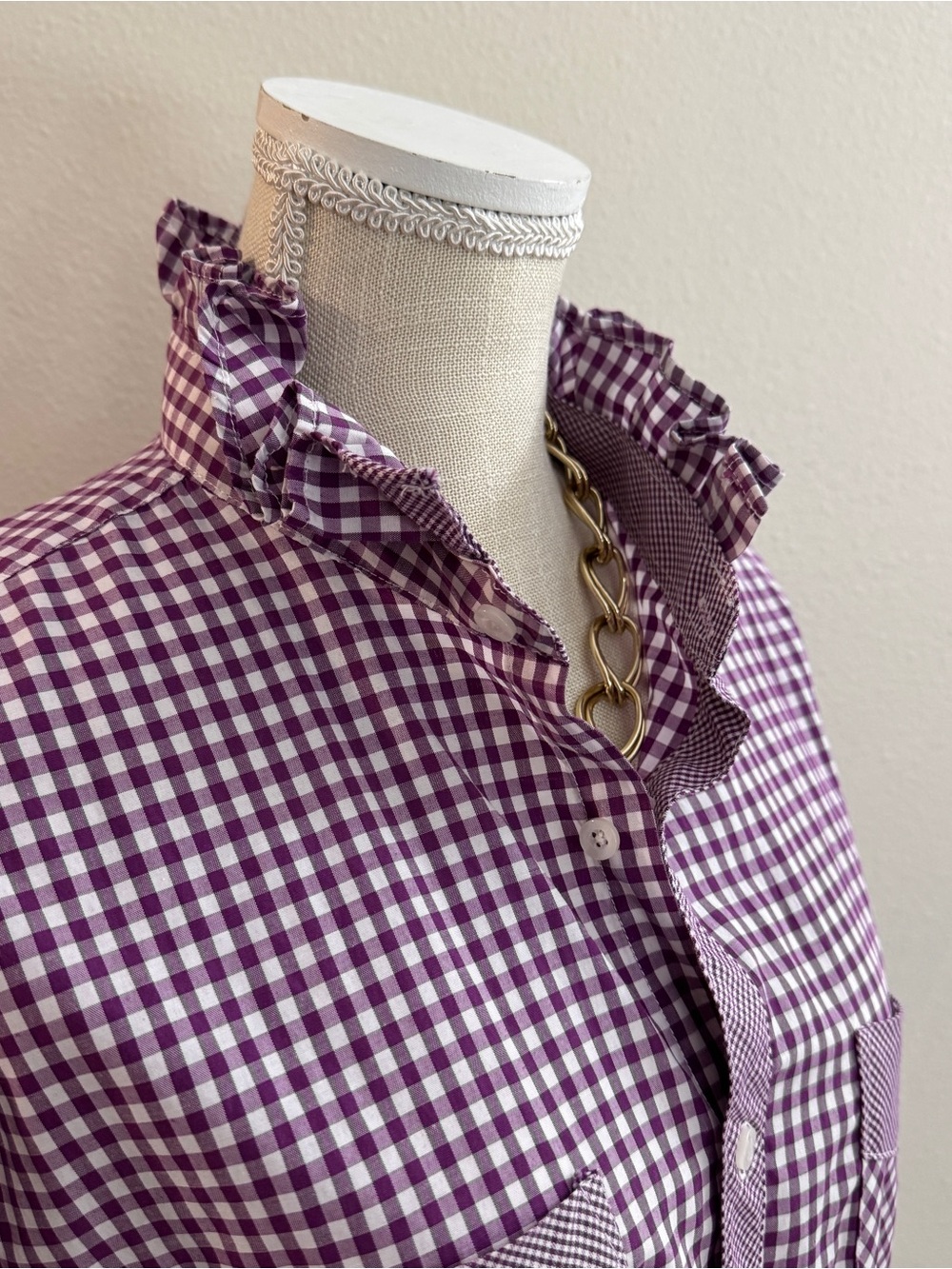 Upcycled Purple Gingham Ruffle-Collar Shirt - Picture 3 of 7